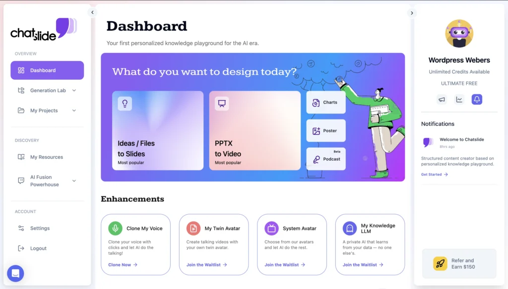 PowerPoint Night Ideas using ChatSlide AI. The image consists of Dashboard of Chatslide
