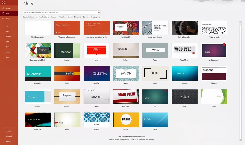 PowerPoint presentation examples by File, New and templates in the PowerPoint Presentation Software by Microsoft